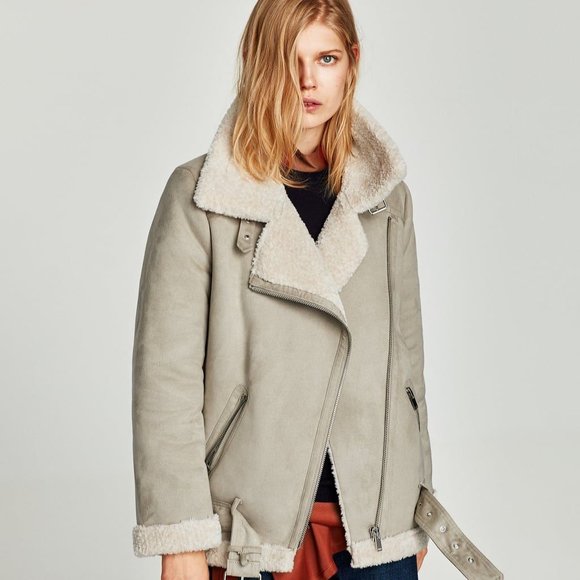 zara fake fur shearling leather biker jacket - Picture 2 of 3